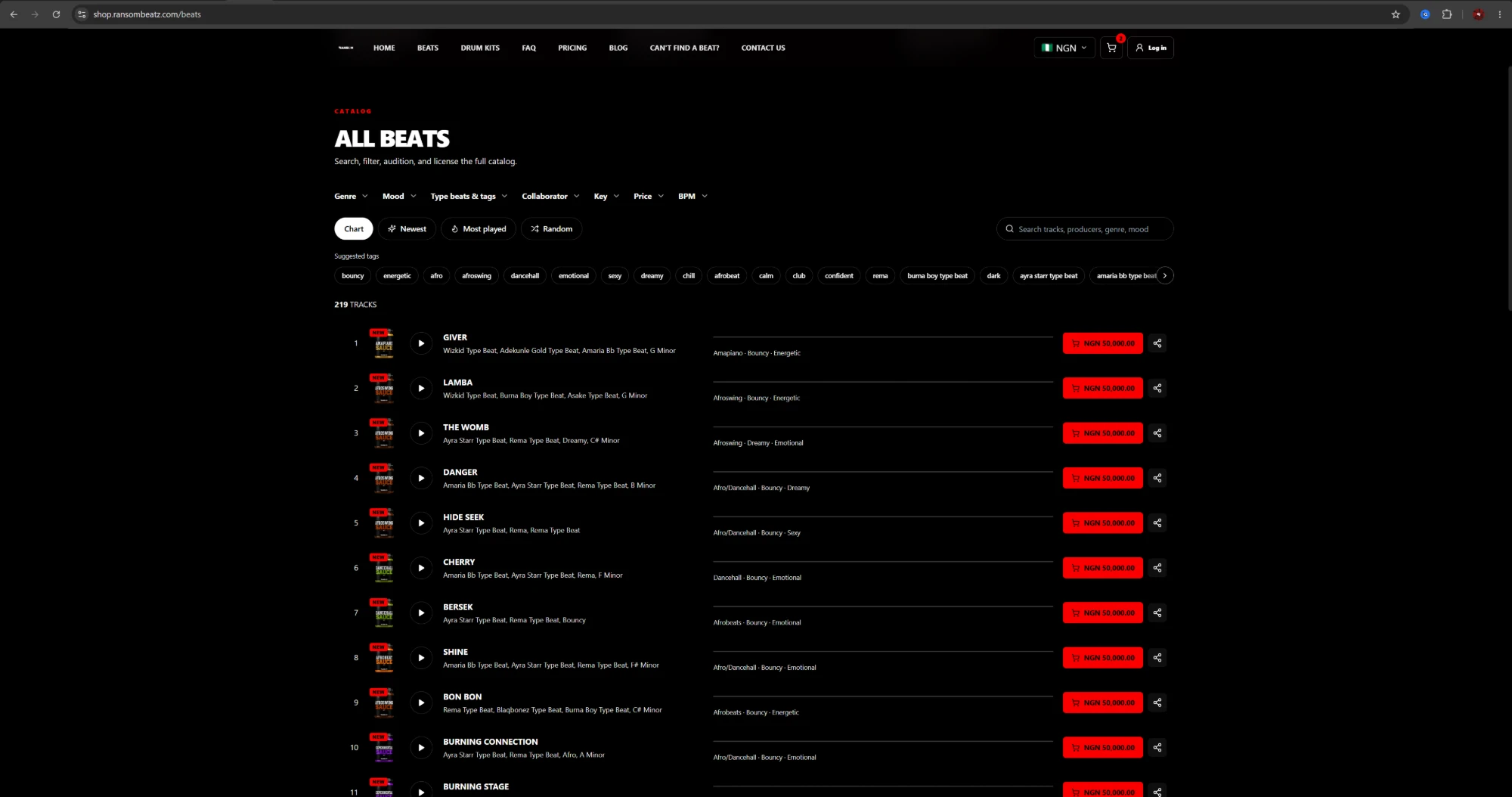 Ransom Beatz catalogue listing 219 tracks with genre, mood, key, price and BPM filters