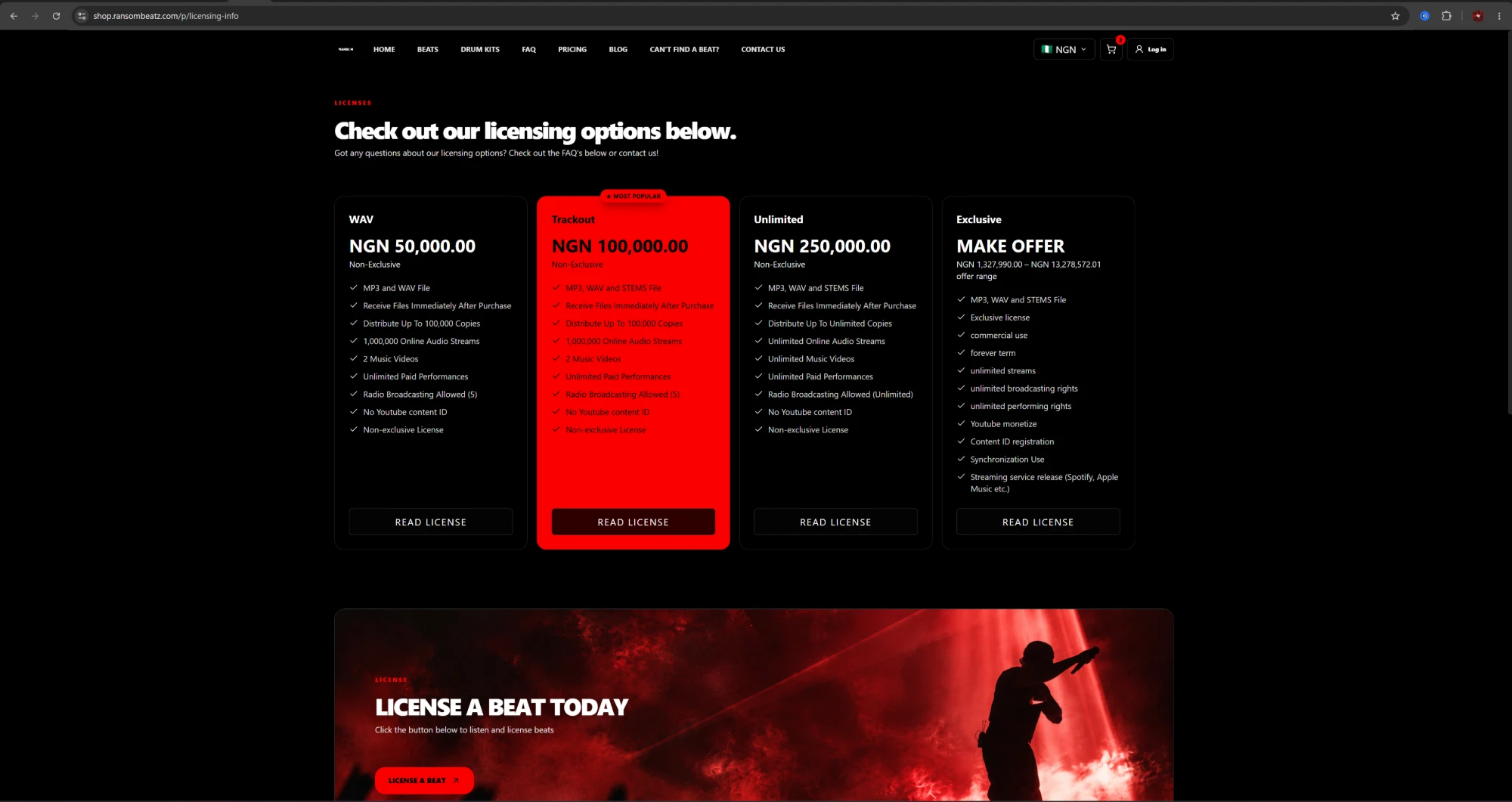Ransom Beatz licensing page with WAV, Trackout, Unlimited and Exclusive license cards priced in naira
